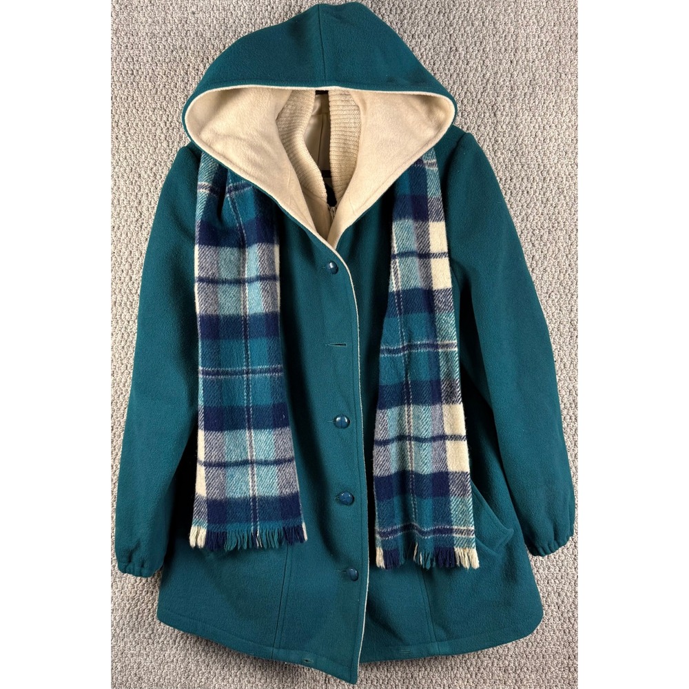 Authentic Vestcoat Vintage 90s Wool Hooded Plaid Scarf Coat 16 Teal Winter